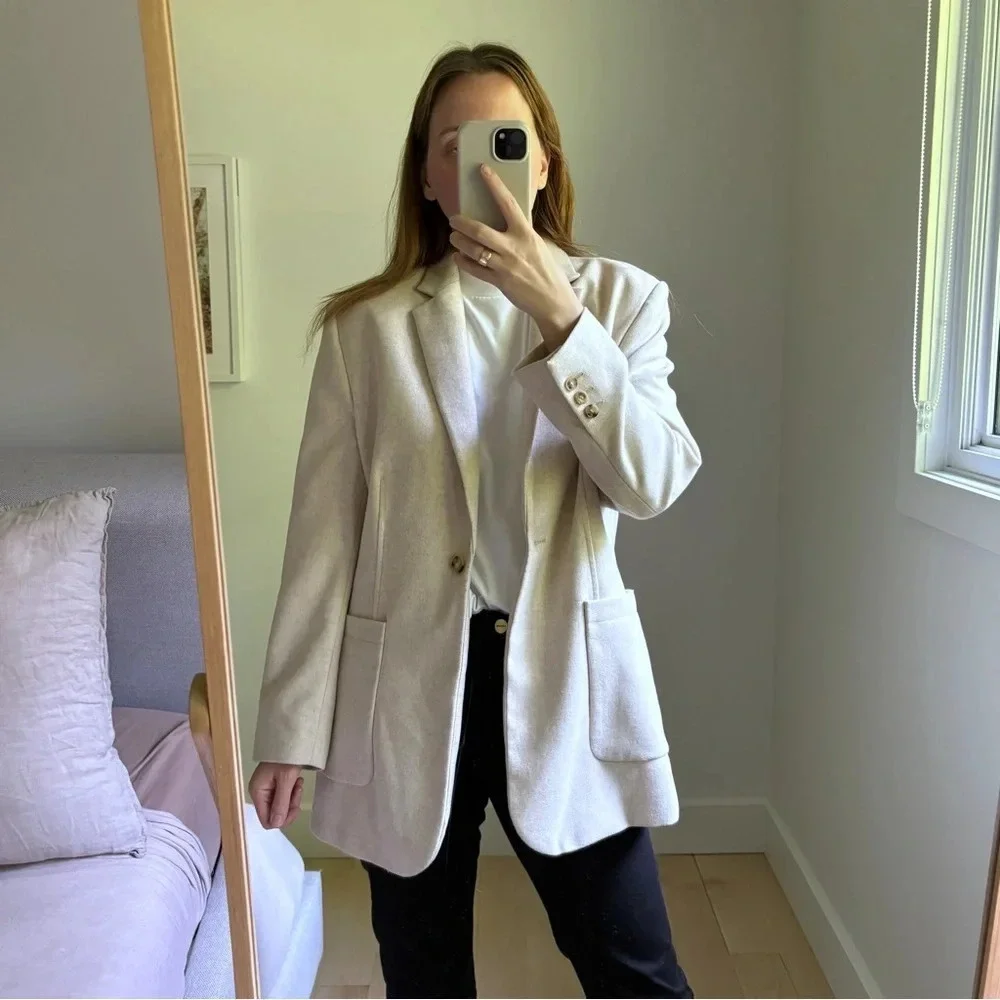 Mango Wool Blend Long Oversized Blazer Light Beige Oatmeal Size M Shoulder  Pads - Picture 2 of 9